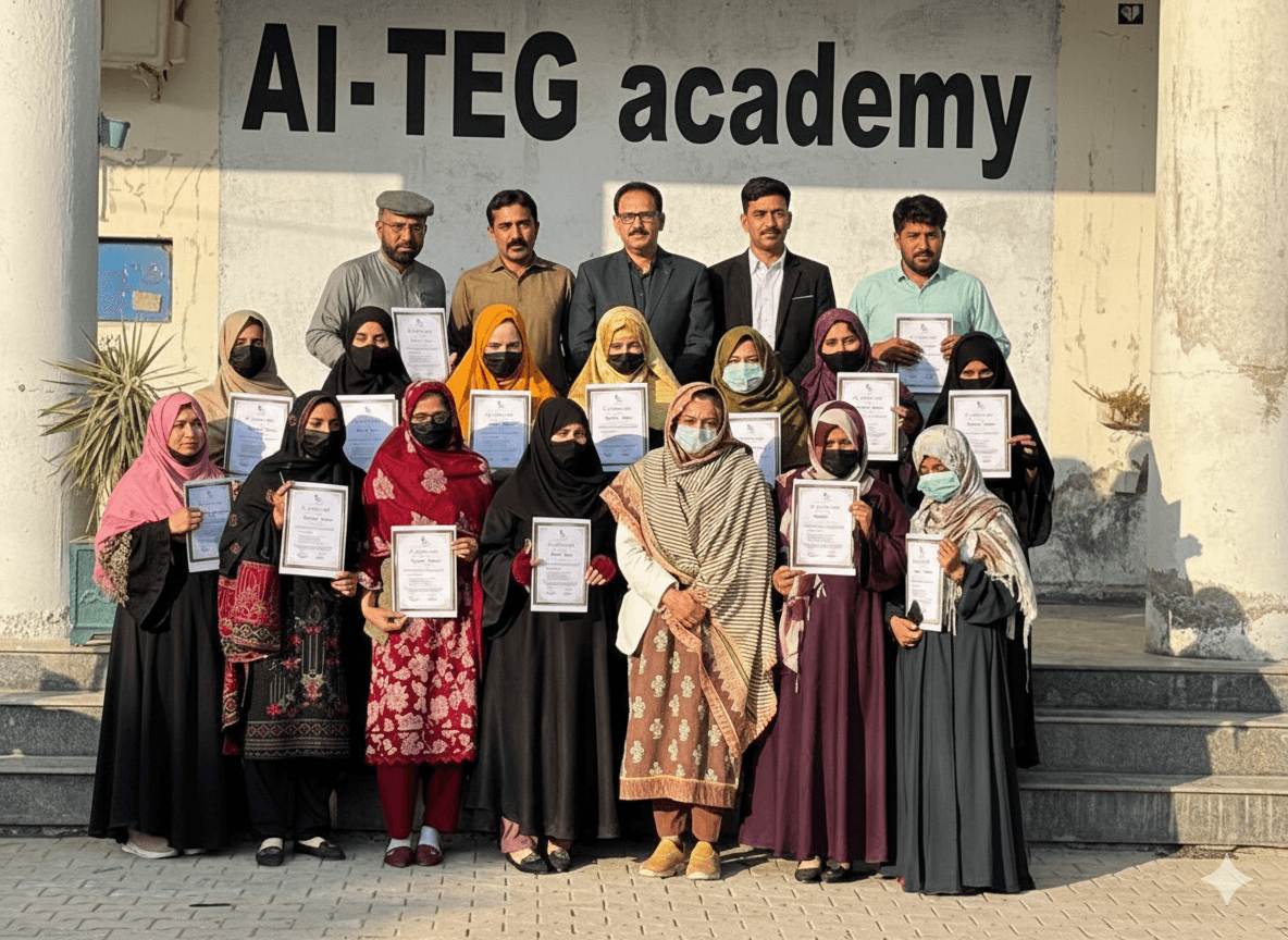 A group of teachers holding certificates in front of the AI-TEG academy building